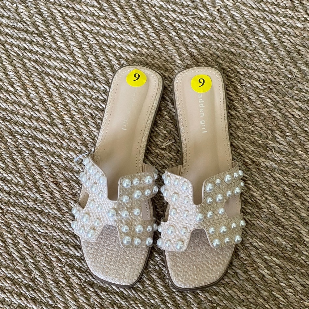 Madden Girl Beige Pearl-Embellished Slide Mules